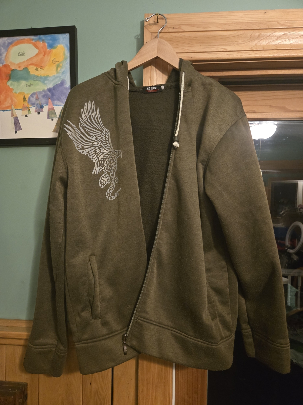 Unbranded Olive Green Hooded Zip Cardigan with Eagle Graphic